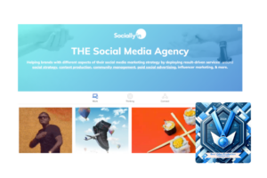 SociallyIn, a leading social media agency, displays the 'Best Video Production Companies' blue award on their website.
