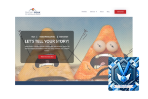 Snowy Peak's engaging website banner featuring an animated character and the 'Best Video Production Companies' blue award badge.