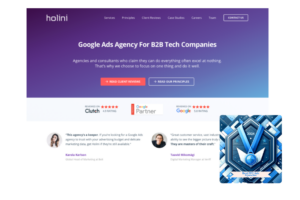 Holini's Google Ads agency homepage for B2B tech companies, featuring top client reviews and a blue award badge as one of the Best PPC Ads Agencies in 2024