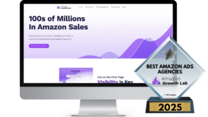 A desktop screen displaying the Amazon Growth Lab website, showcasing services for Amazon sellers, with a "Best Amazon Ads Agencies 2025" award and a focus on achieving significant sales results.