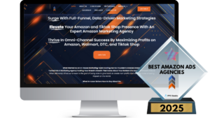 A desktop screen featuring the Proventus Agency website, showcasing their expertise in full-funnel, data-driven marketing strategies for Amazon and TikTok Shop. A "Best Amazon Ads Agencies 2025" award highlights their leadership in the advertising industry.