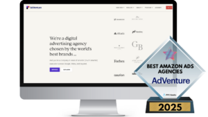 A desktop screen showcasing the AdVenture website, a digital advertising agency trusted by global brands. The image highlights their "Best Amazon Ads Agencies 2025" award, recognising their advertising excellence.