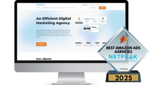 A desktop display featuring the Netpeak website, highlighting their digital marketing expertise and numerous accolades, alongside a "Best Amazon Ads Agencies 2025" award showcasing their exceptional achievements in online advertising.