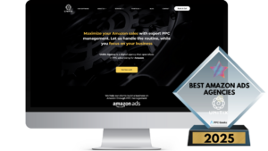 A computer screen displaying the Unitix Agency website, focusing on Amazon PPC management services, accompanied by a "Best Amazon Ads Agencies 2025" award showcasing their leadership in advertising excellence.