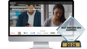 A desktop screen showing the Nuanced Media website, specialising in Amazon marketing services, with a focus on data-driven strategies. A "Best Amazon Ads Agencies 2025" award is prominently displayed, underscoring their expertise.