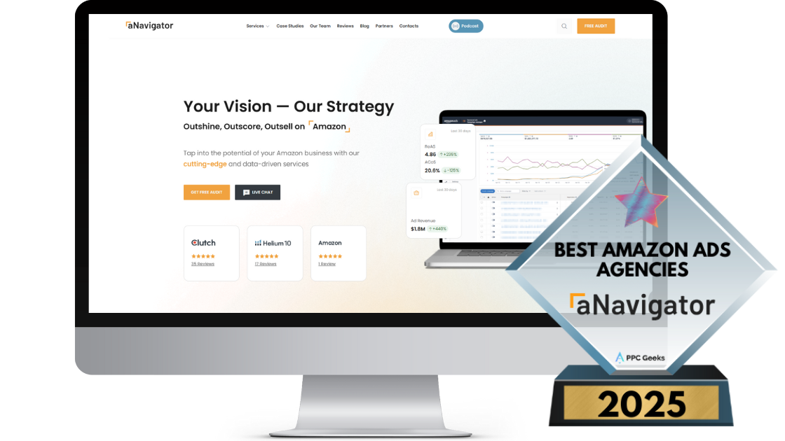 A desktop screen displaying the aNavigator website, highlighting their innovative Amazon advertising strategies and showcasing their award for "Best Amazon Ads Agencies 2025."