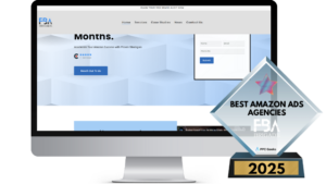 A desktop screen showcasing the FBA Brigade website, focused on Amazon success strategies. The display features a "Best Amazon Ads Agencies 2025" award, highlighting their excellence in driving results for sellers.