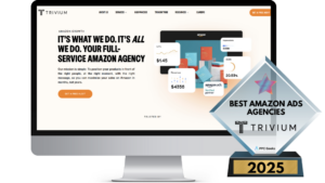 A desktop screen displaying the Trivium website, focusing on their full-service Amazon advertising solutions. The display features a "Best Amazon Ads Agencies 2025" award, highlighting their expertise in driving Amazon sales.