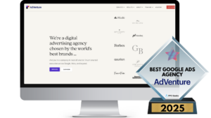 AdVenture website displayed on a computer screen, with a 2025 Best Google Ads Agency award beside it.