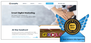 Homepage photo of JumpFly, ranked 15th in our Top Amazon Ads Agencies of 2022. This award from PPC Geeks recognises their hard work.