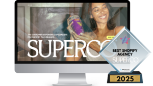 SUPERCO’s website featuring customer experience services for Shopify Plus brands and a Best Shopify Agency 2025 award presented by PPC Geeks.