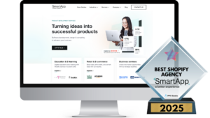 SmartApp’s website showcasing product development services and a Best Shopify Agency 2025 award from PPC Geeks.