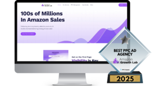 Amazon Growth Lab's website shown on a computer screen, accompanied by a 2025 Best PPC Ad Agency trophy.