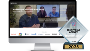 Nuanced Media website displayed on a computer screen, with a 2025 Best PPC Ad Agency award beside it.