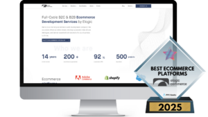 Computer screen displaying Elogic Commerce’s website alongside a Best eCommerce Platforms 2025 award trophy presented by PPC Geeks.