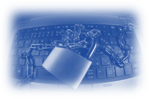 Image showing a padlocked computer to illustrate security against social engineering scams