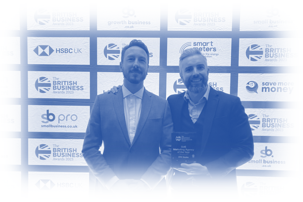 Image showing Dan Trotter and Chris Stott, co-founders of PPC Geeks, at the 2023 British Business Awards.