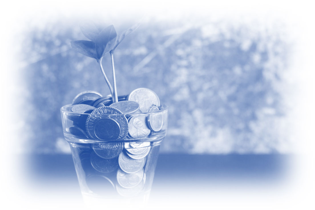 A blue-tinted image of a plant growing from a cup overflowing with coins, symbolizing boosting ROAS and investment growth.