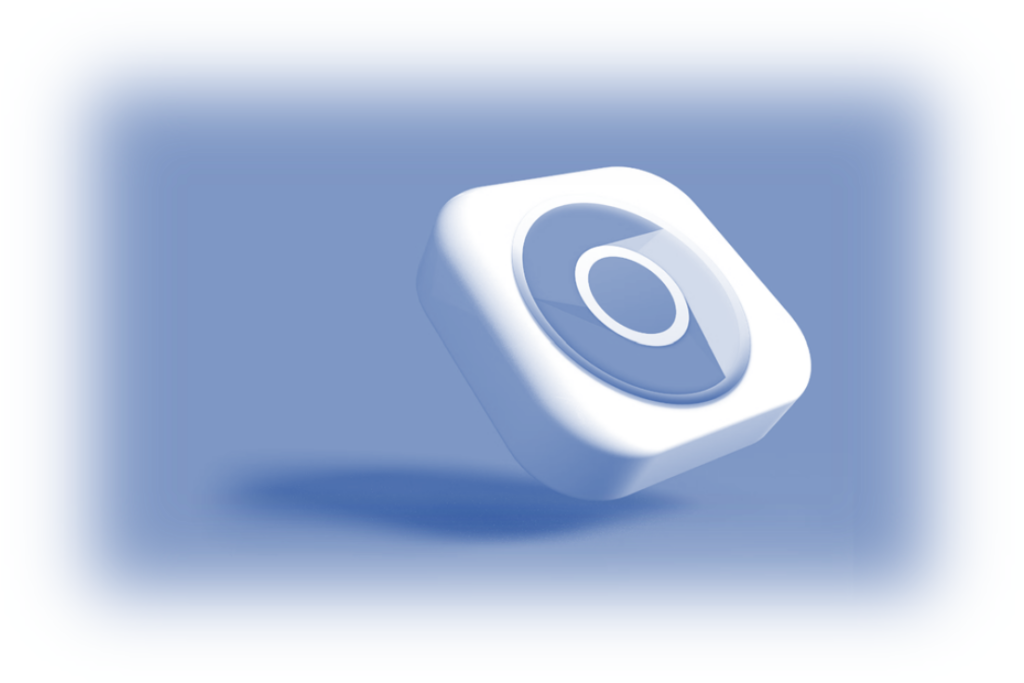 Stylized Google Chrome icon with a focus on privacy and tracking protection, floating on a soft blue backdrop.