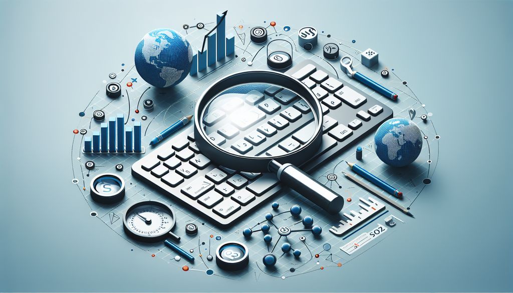 High-tech digital workspace with a keyboard, magnifying glass, and global infographics representing SEO data analysis and global reach.