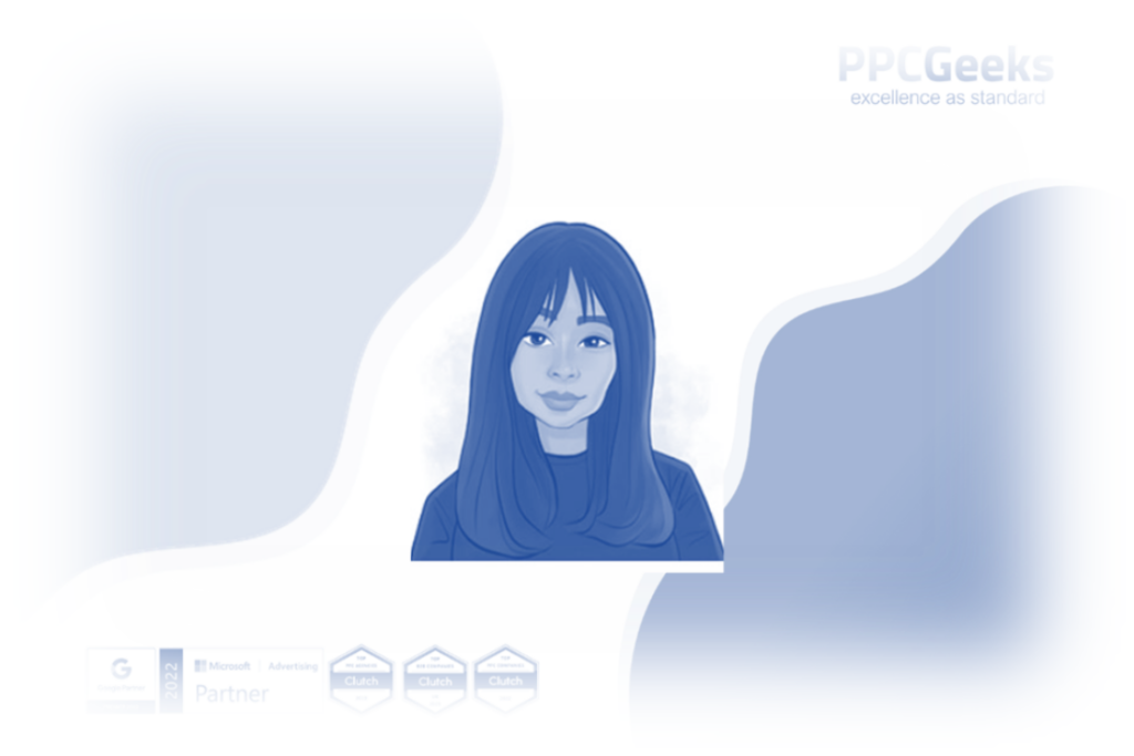 Illustration of Stephanie Mo, the new Client Manager at PPC Geeks, with a friendly and professional demeanor, set against a background featuring the PPC Geeks logo and accolades.
