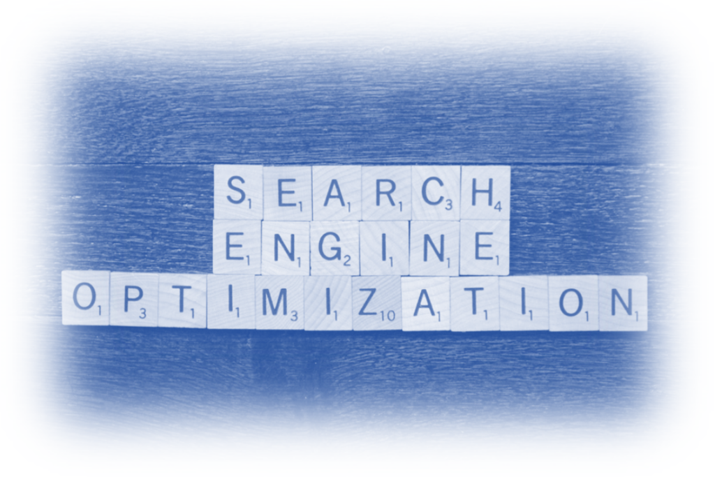A conceptual image featuring the words "SEARCH ENGINE OPTIMIZATION" spelled out with Scrabble tiles on a reflective blue surface, symbolizing the strategic nature of SEO learning in 2024.