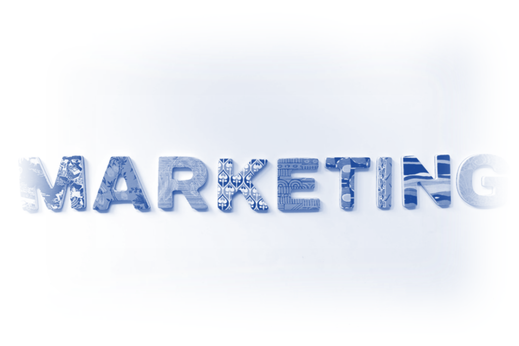 Blue and white artistic rendition of the word MARKETING, with patterns and icons representing various marketing tools and strategies embedded within each letter, symbolizing the evolving Marketing Trends for 2024.