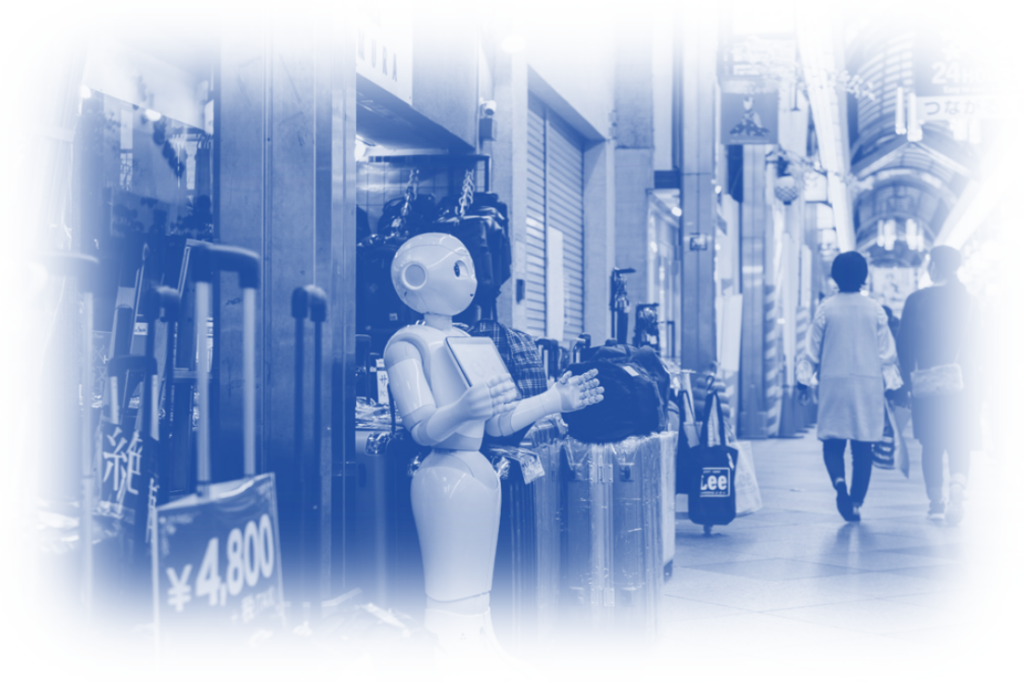 A humanoid robot with a friendly posture stands on a bustling shopping street, symbolizing the integration of AI in everyday commerce.
