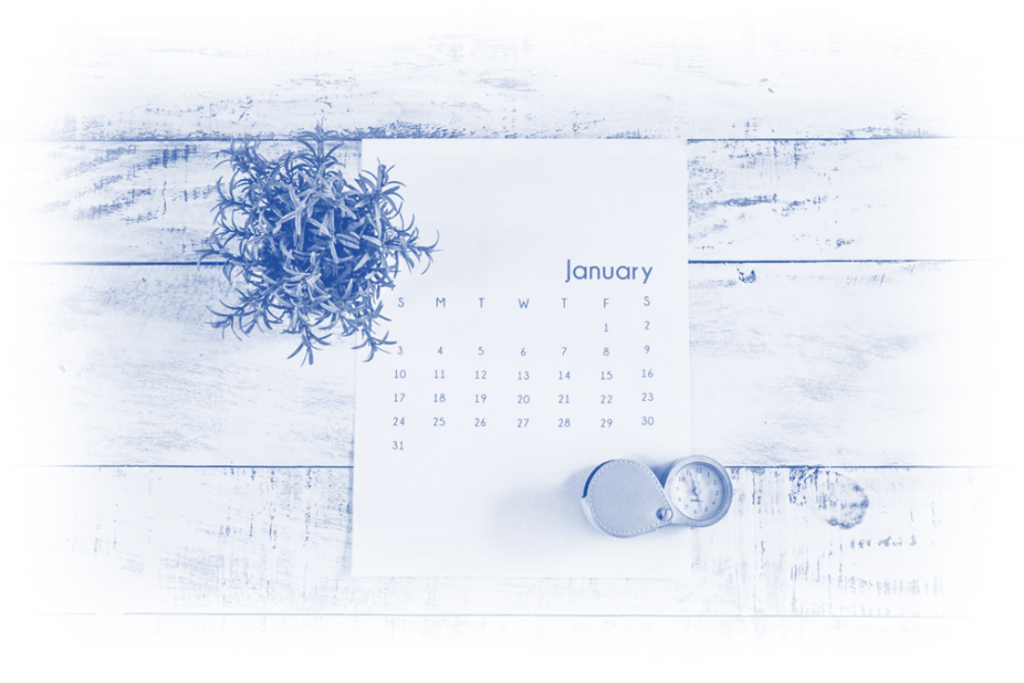 PPC News January 2024 calendar page with days of the week and dates visible, a potted plant on the top left corner, and a closed pocket watch at the bottom right, all overlaying a rustic white wooden background.