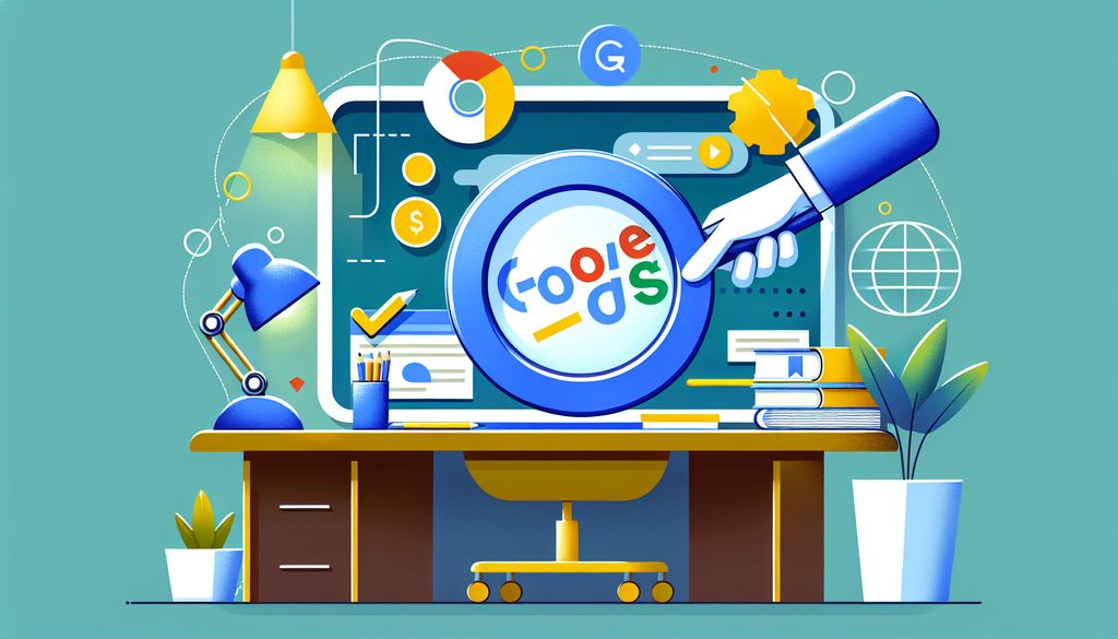 An imaginative digital marketing workspace, with a magnifying glass focusing on the Google Ads logo, embodying the analytical precision of a Google Ads Specialist agency in optimizing ad campaigns.