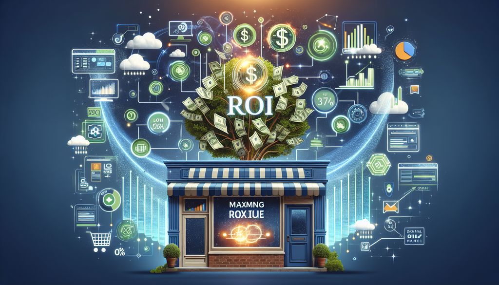Illustration of a storefront labeled "Marketing Bookstore" with a vibrant display of icons and graphs depicting ROI, symbolising the successful impact of Google Ads for local businesses.