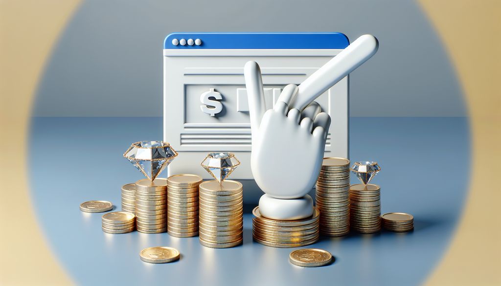 3D graphic depicting the concept of Why is PPC so expensive? with a cursor clicking on a web page icon surrounded by piles of coins and diamonds, illustrating the high value and cost associated with PPC campaigns.