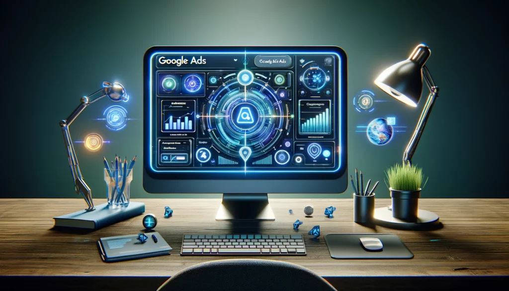 Latest Google Ads Features of 2024 visualized in a futuristic, clean, and professional design showcasing a computer screen with AI-driven insights, automation tools, and enhanced targeting options, set against a backdrop of digital innovation.