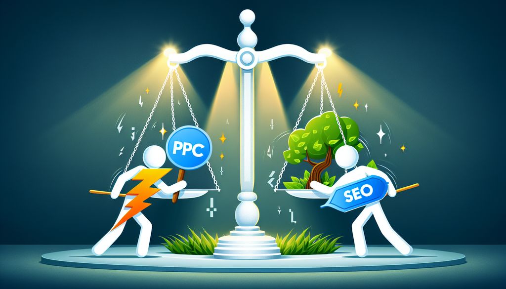 Illustration depicting a stylized scale with a figure representing PPC wielding a lightning bolt on one side and a figure representing SEO with a tree and leaf shield on the other, symbolizing the debate: Is PPC better than SEO?