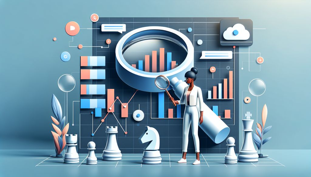 Advanced Strategies for Google Ads depicted through an illustration of a professional using a magnifying glass to analyse data and chess pieces on a digital dashboard.
