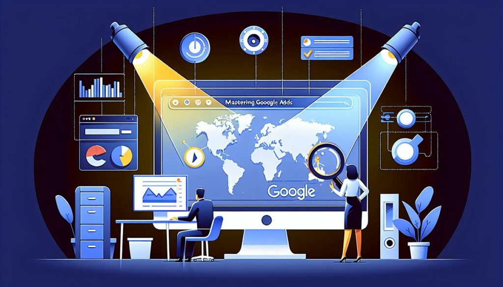 A digital marketing command center with professionals using advanced tools for Mastering Google Ads PPC, showcasing global reach and analytical insights.