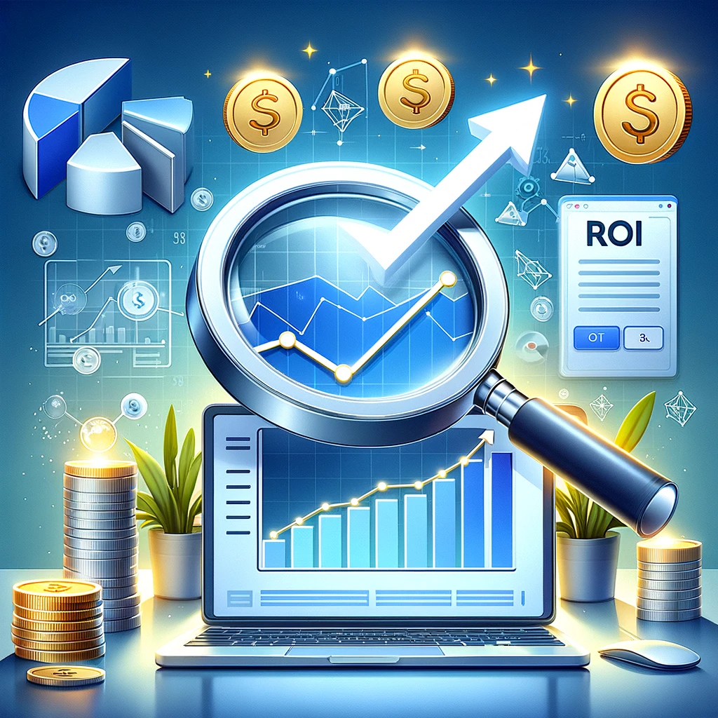 Maximising ROI with Google Ads for beginners, featuring a detailed illustration of upward growth charts under a magnifying glass, a laptop displaying the Google Ads interface, and symbols of financial success.