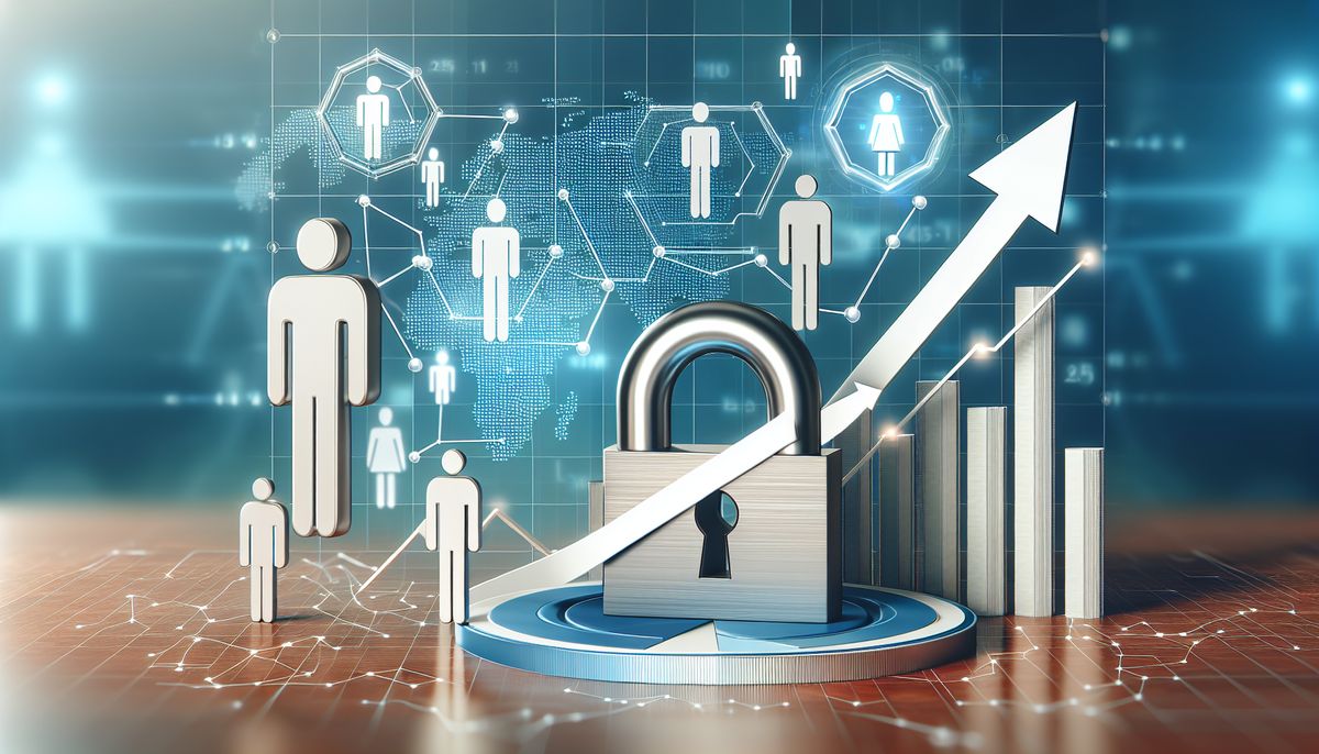 Digital rendering of a padlock within a target ring, overlaying a rising bar chart, with silhouettes connected by network lines, symbolising CPA, Cost Per Acquisition, in the context of secure and strategic customer growth.