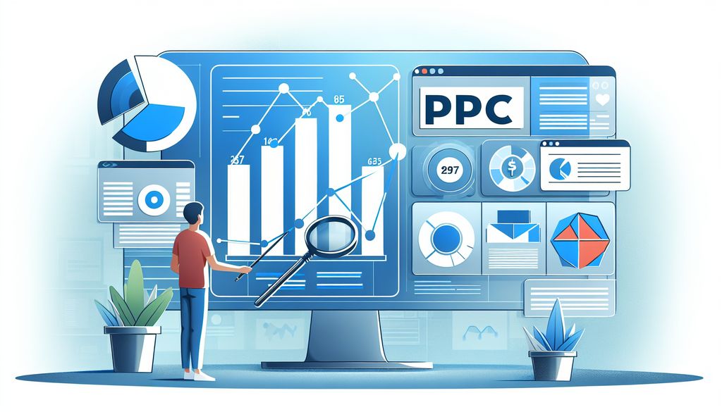 How much should my PPC budget be with an illustrated person analysing PPC metrics on a large dashboard screen.