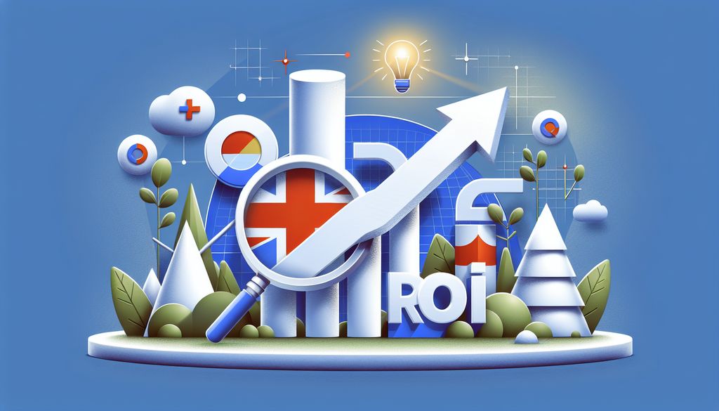 Illustrative concept of maximizing ROI in Google Paid Search, featuring an upward arrow symbolizing growth, magnifying glass on a target, graphs, and a lightbulb for ideas, set against a blue background.