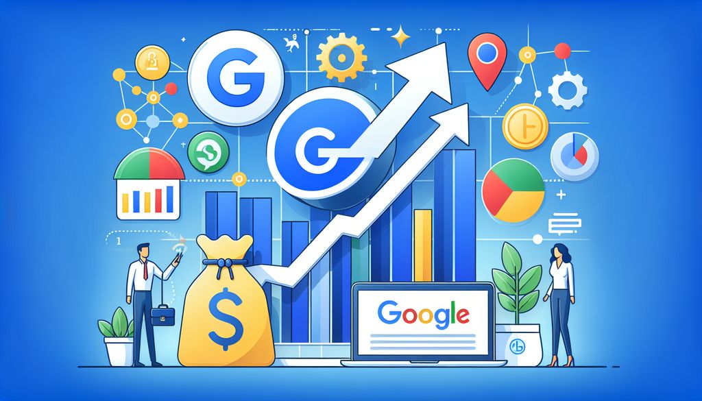 A colorful illustration featuring the Google logo, an upward trending graph, and various marketing icons, symbolizing the success of Google PPC marketing