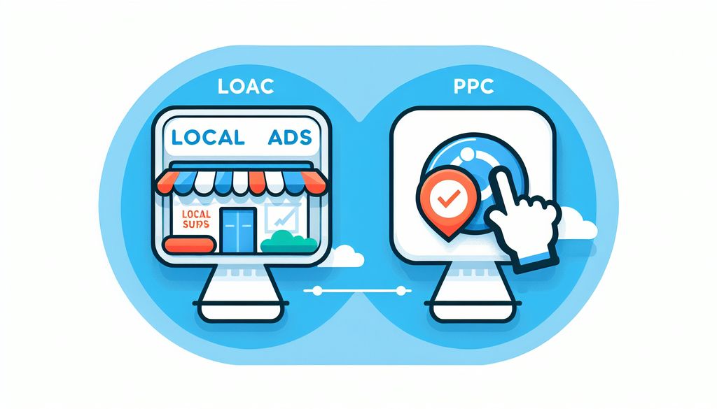 Illustration showing the contrast between Google Local Ads displayed on a computer with a storefront design and Pay-Per-Click (PPC) Ads on another computer with a click hand icon and check mark, highlighting the difference between Google local ads and PPC.
