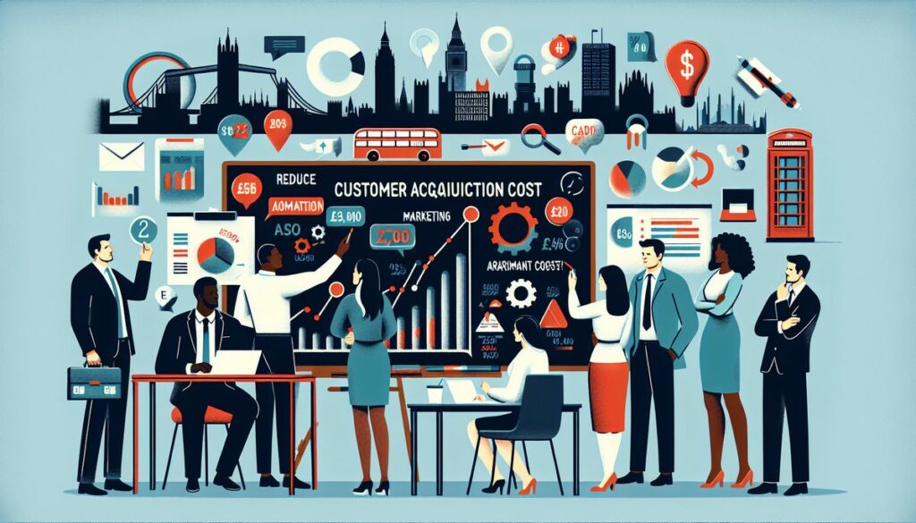 A detailed illustration of diverse business professionals engaged in activities around a dashboard displaying various marketing metrics, highlighting the concept of CAC, Customer Acquisition Cost, with indicators such as revenue, email campaigns, and analytics.