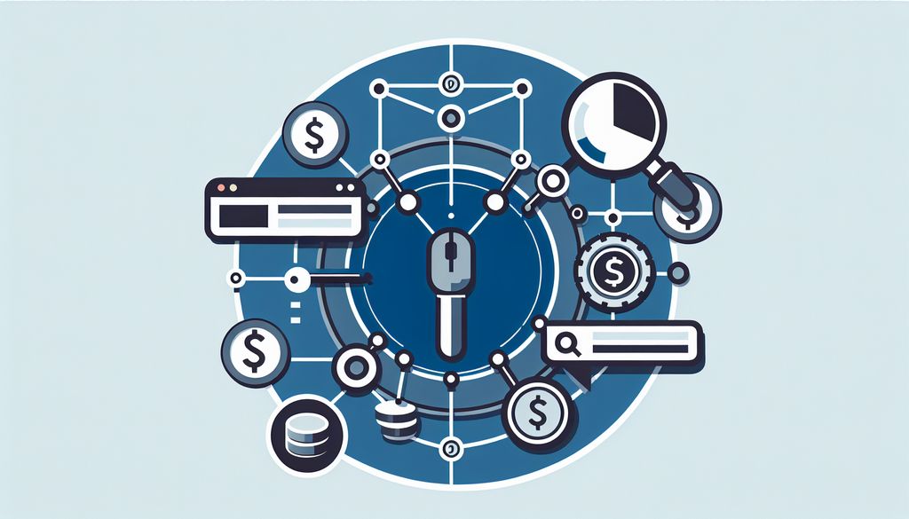 Illustration of a centralized lock symbol surrounded by various PPC-related icons, including currency symbols, search bars, and magnifying glasses, representing the concept of Google's PPC pricing.
