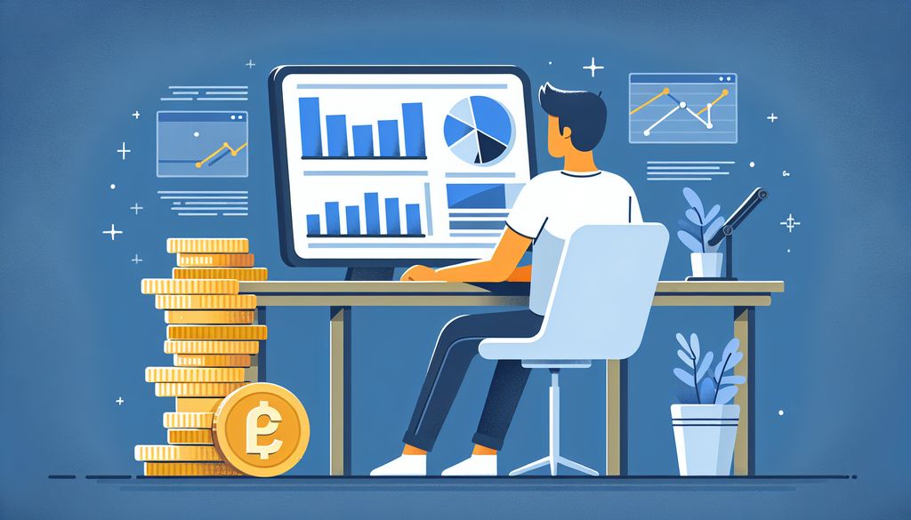 Digital illustration of a person analyzing PPC ads performance on a computer with graphs on the screen, stacked coins on the desk symbolizing budget management in PPC advertising.