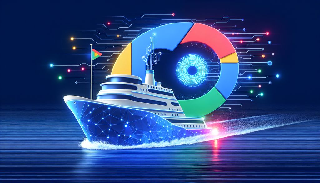 A futuristic cruise ship surfing through digital waves with an eye emblem on its sail, symbolising visionary AI-driven strategies in the future of PPC.