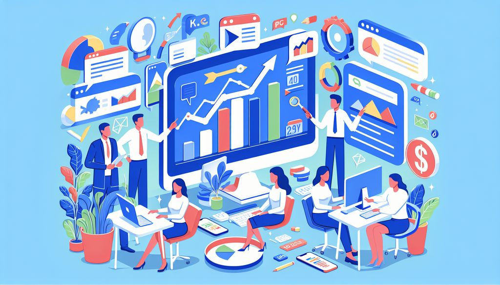 Illustration of a dynamic PPC campaign management team working on Google Ads, showcasing charts, graphs, and marketing analytics.