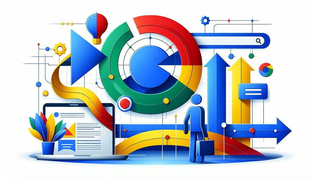 Illustration of Google Ads PPC for Beginners with colorful abstract elements representing online advertising tools and metrics.