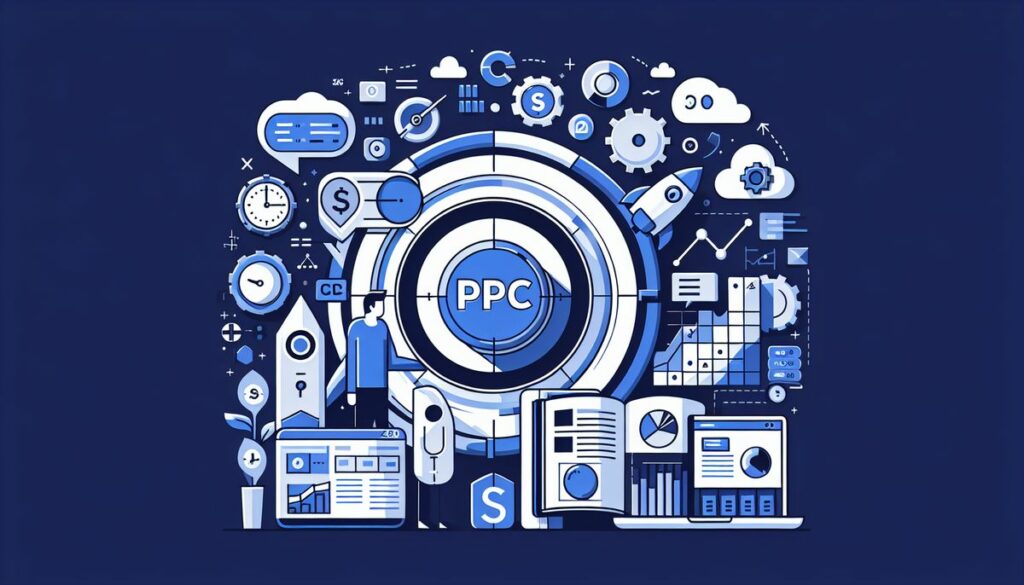 Illustration of various digital marketing elements surrounding a central PPC target symbol, depicting the concept of Maximising ROI with Google Ads.