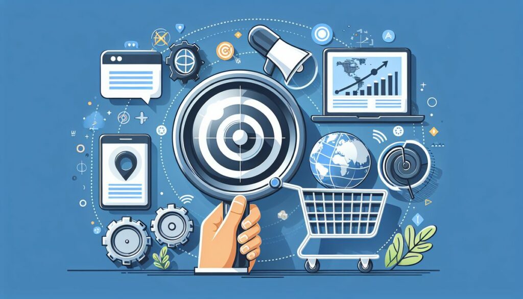 Digital marketing elements converting clicks into conversions, featuring a prominent dartboard with a direct hit, surrounded by symbols of analytics, online engagement, and e-commerce, all set against a vibrant blue background.